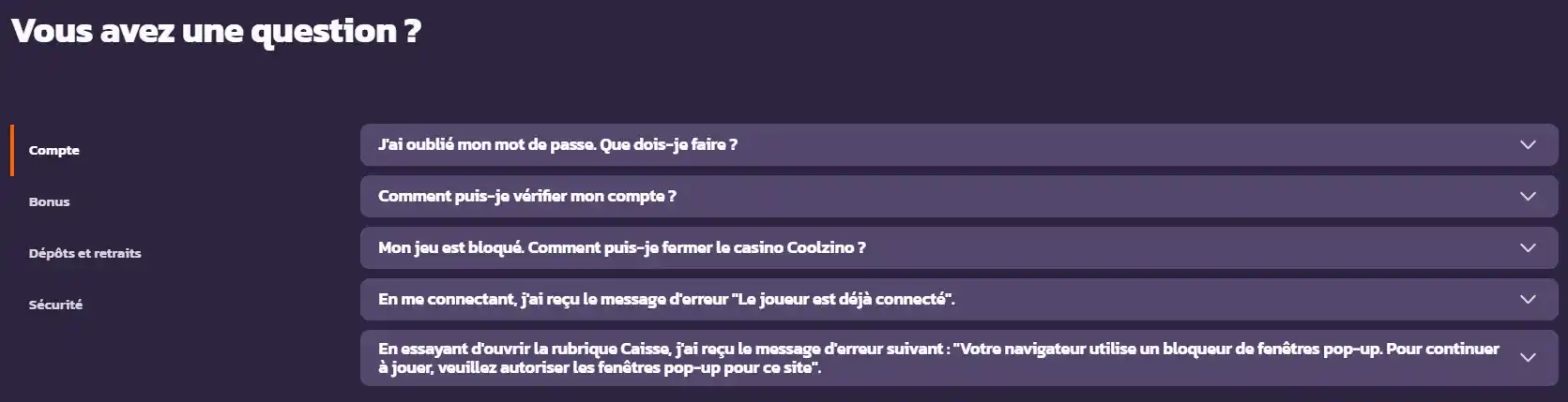 Support Client de Coolzino Casino